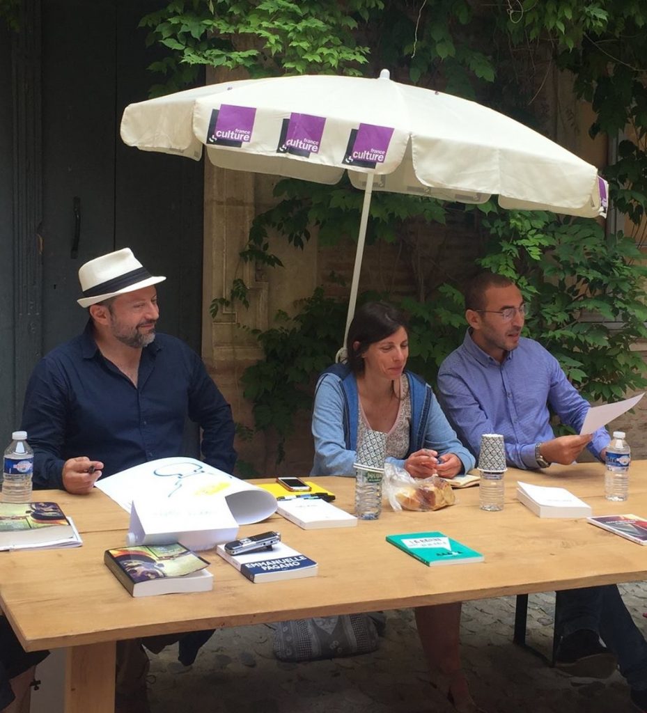 Martín Solares, Omar Benlaala et Emmanuelle Pagano lors des petits-déjeuners littéraires du Marathon des mots 2017